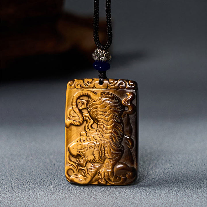 Collier pendentif en corde de protection avec Buddha Stones œil de tigre naturel carré motif tigre