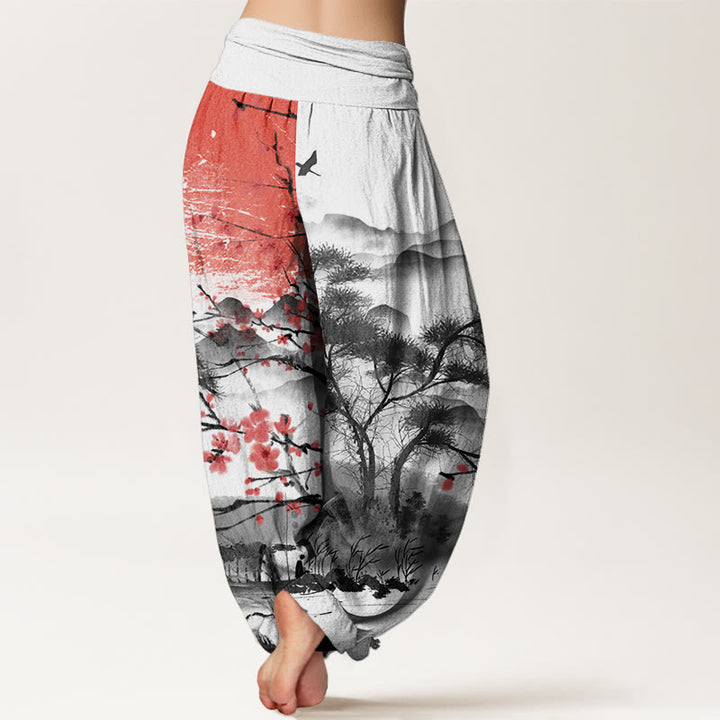 Pantalon harem femme en coton décontracté à taille élastique, motif fleurs de prunier rouges, montagnes et soleil, avec Buddha Stones - image 1