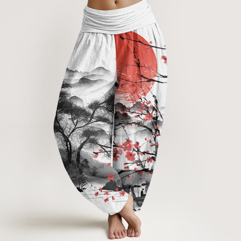 Pantalon Buddha Stones de prunier rouges, montagnes et soleil - Blanc - US22，UK/AU26，EU54 (6XL) - image 1