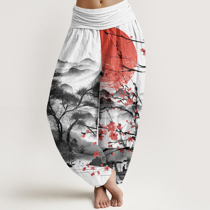 Pantalon Buddha Stones de prunier rouges, montagnes et soleil - Blanc - US22，UK/AU26，EU54 (6XL) - image 1
