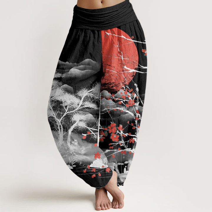 Pantalon harem femme en coton décontracté à taille élastique, motif fleurs de prunier rouges, montagnes et soleil, avec Buddha Stones - Noir - US22，UK/AU26，EU54 (6XL) - image 4