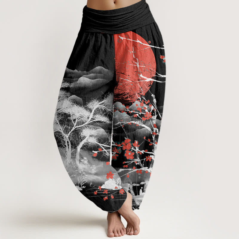 Pantalon Buddha Stones de prunier rouges, montagnes et soleil - Noir - US22，UK/AU26，EU54 (6XL) - image 4