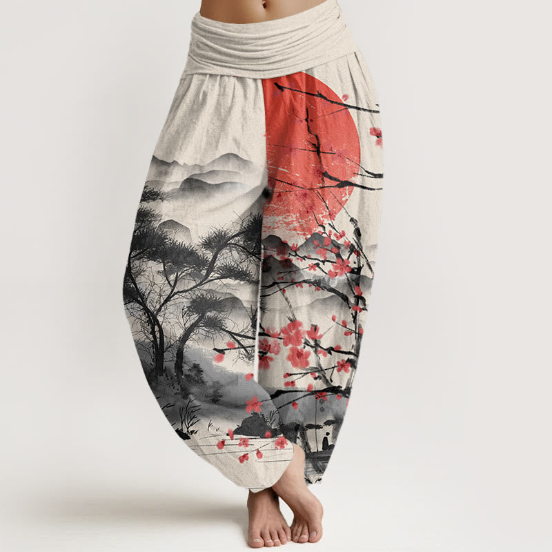 Pantalon Buddha Stones de prunier rouges, montagnes et soleil - Beige - US22，UK/AU26，EU54 (6XL) - image 7