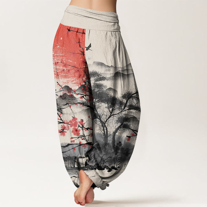 Pantalon harem femme en coton décontracté à taille élastique, motif fleurs de prunier rouges, montagnes et soleil, avec Buddha Stones - image 8