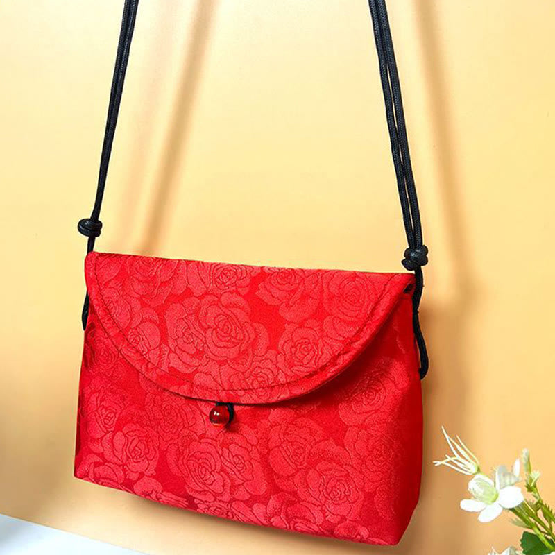 Sac bandoulière en polyester et coton brodé avec motifs de fleurs rétro et Buddha Stones