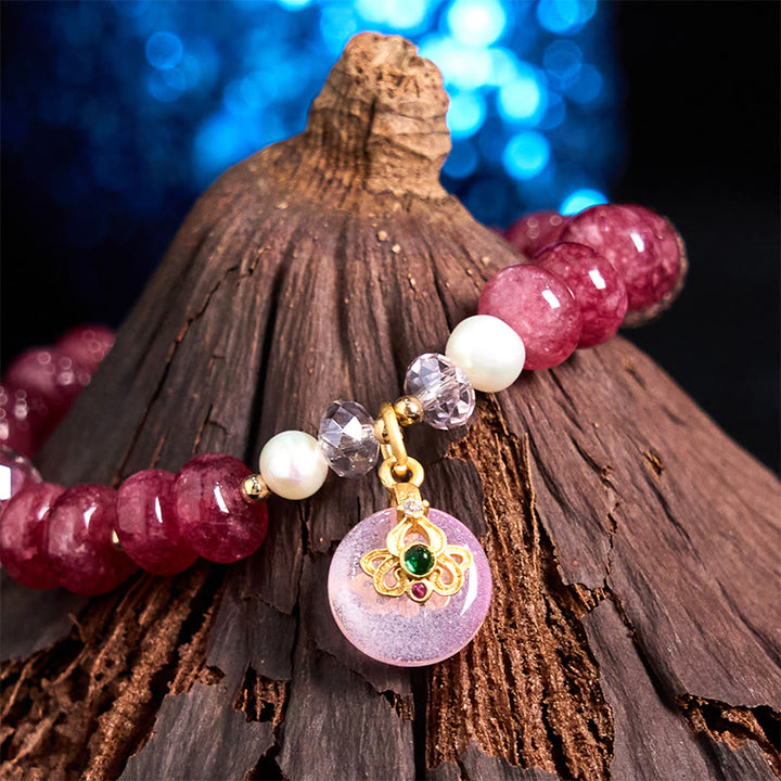 Bracelet d'énergie aimantée en quartz rose naturel avec nœud et boucle de paix