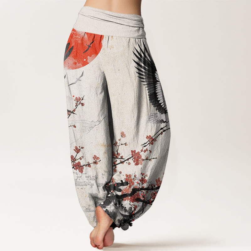 Pantalon sarouel à taille élastique pour femme, motif Buddha Stones , grue à couronne rouge, soleil, fleur de prunier rouge - image 2