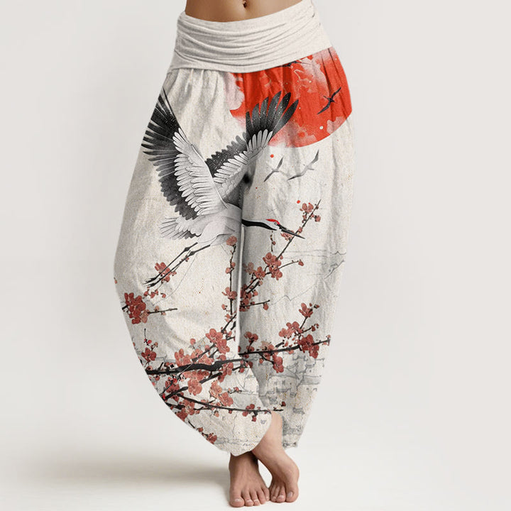 Pantalon sarouel à taille élastique pour femme, motif Buddha Stones , grue à couronne rouge, soleil, fleur de prunier rouge - Fumée blanche - US22，UK/AU26，EU54 (6XL) - image 1