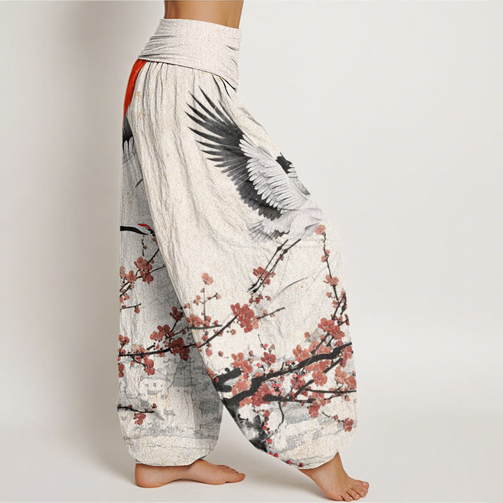 Pantalon sarouel à taille élastique pour femme, motif Buddha Stones , grue à couronne rouge, soleil, fleur de prunier rouge - image 3