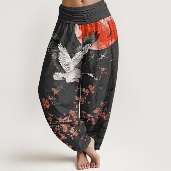 Pantalon sarouel à taille élastique pour femme, motif Buddha Stones , grue à couronne rouge, soleil, fleur de prunier rouge - Noir - US22，UK/AU26，EU54 (6XL) - image 5