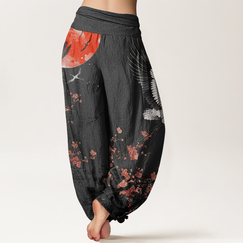 Pantalon sarouel à taille élastique pour femme, motif Buddha Stones , grue à couronne rouge, soleil, fleur de prunier rouge - image 6