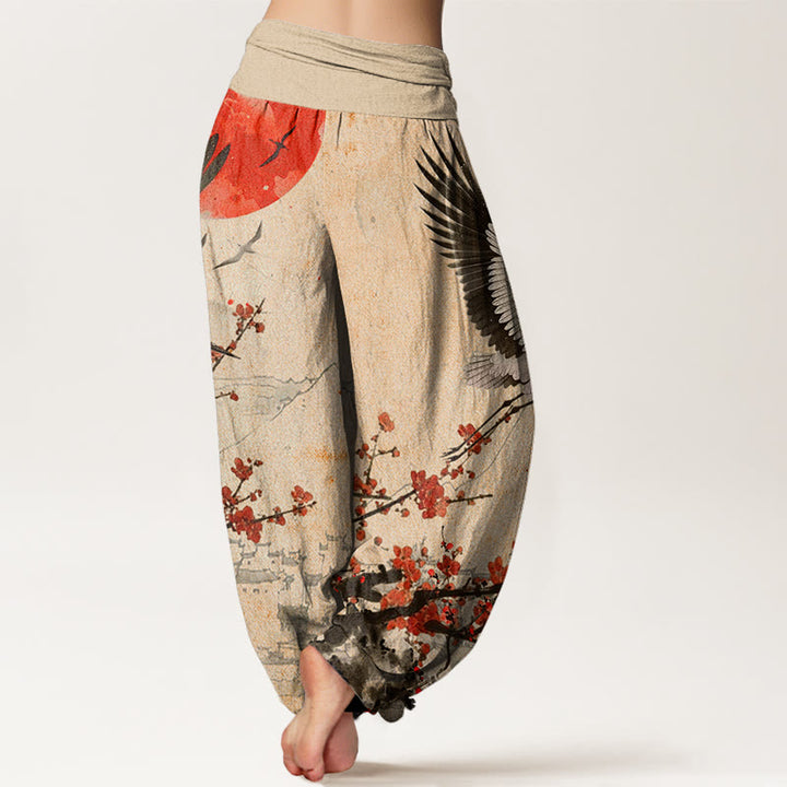 Pantalon sarouel à taille élastique pour femme, motif Buddha Stones , grue à couronne rouge, soleil, fleur de prunier rouge - image 9