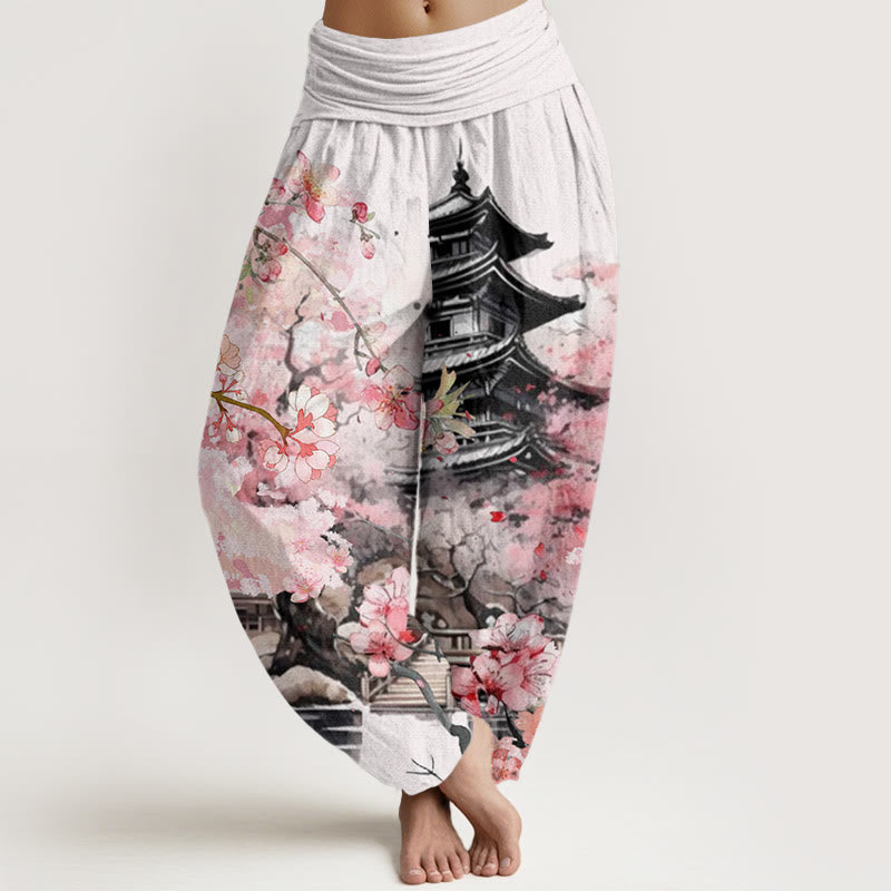 Pantalon harem à taille élastique pour femme, motif fleurs de cerisier et Buddha Stones, en coton, pavillon - Blanc - US22，UK/AU26，EU54 (6XL) - image 0