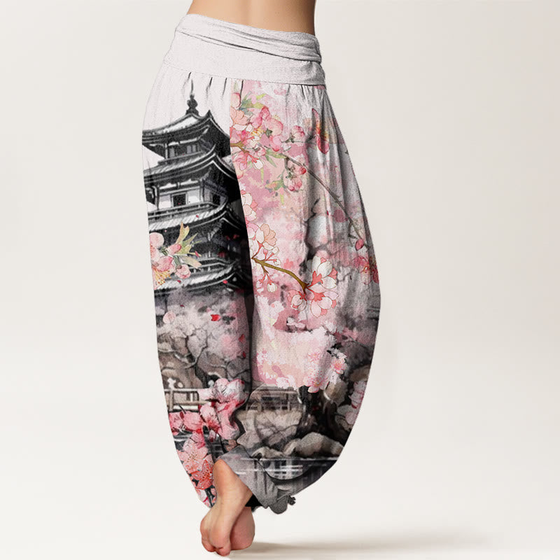 Pantalon harem à taille élastique pour femme, motif fleurs de cerisier et Buddha Stones, en coton, pavillon - image 1