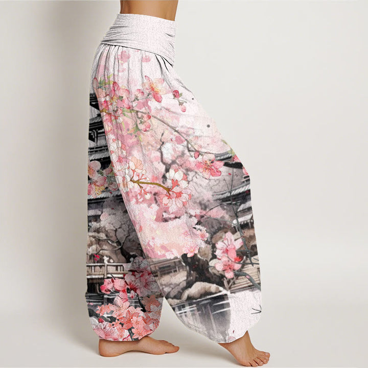 Pantalon harem à taille élastique pour femme, motif fleurs de cerisier et Buddha Stones, en coton, pavillon - image 2