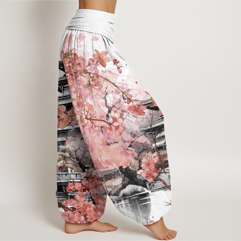 Pantalon harem à taille élastique pour femme, motif fleurs de cerisier et Buddha Stones, en coton, pavillon - image 6
