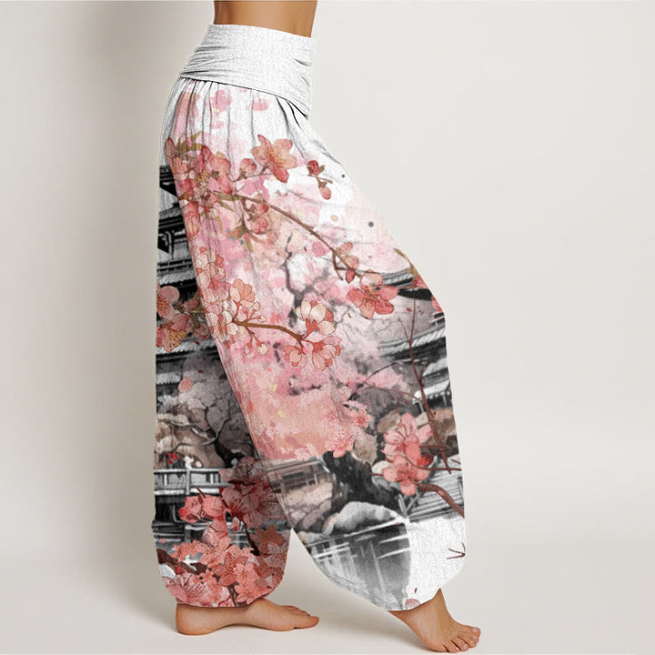 Pantalon harem à taille élastique pour femme, motif fleurs de cerisier et Buddha Stones, en coton, pavillon - image 6