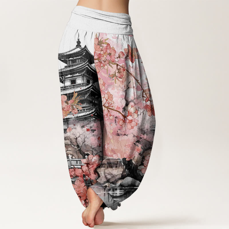 Pantalon harem à taille élastique pour femme, motif fleurs de cerisier et Buddha Stones, en coton, pavillon - image 5