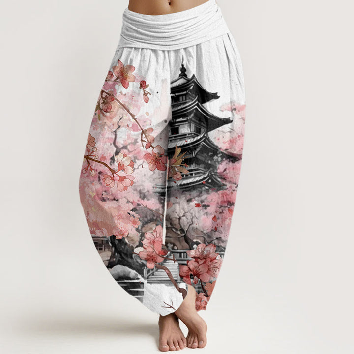 Pantalon harem à taille élastique pour femme, motif fleurs de cerisier et Buddha Stones, en coton, pavillon - Neige - US22，UK/AU26，EU54 (6XL) - image 4