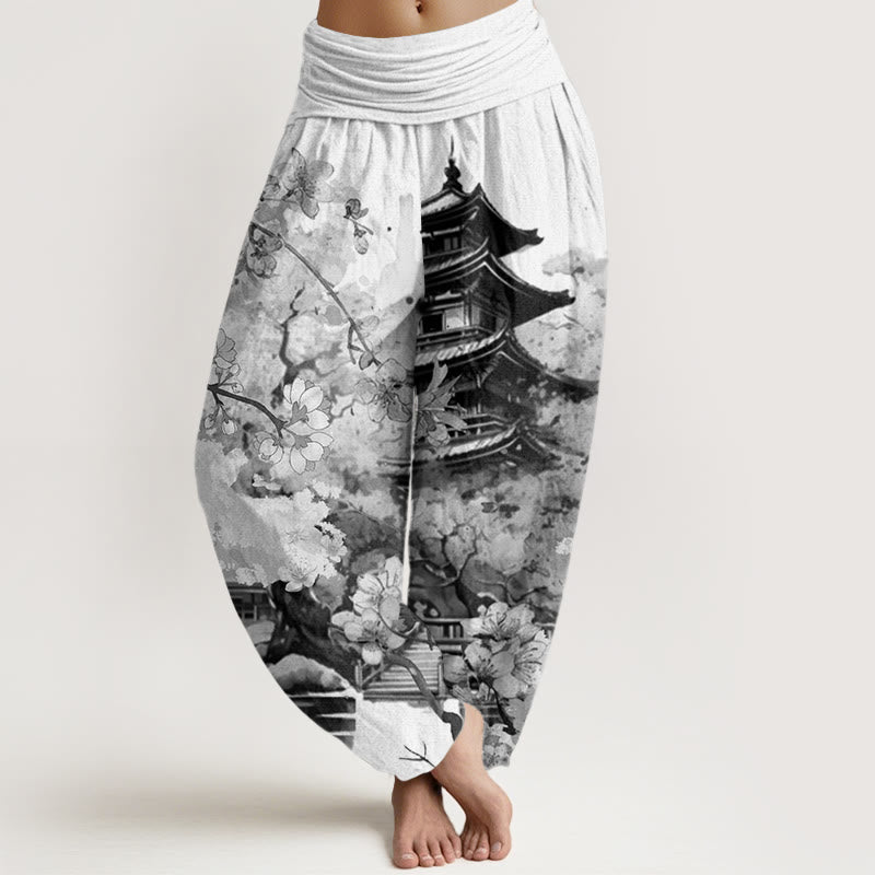Pantalon harem à taille élastique pour femme, motif fleurs de cerisier et Buddha Stones, en coton, pavillon - WhiteSmoke - US22，UK/AU26，EU54 (6XL) - image 7
