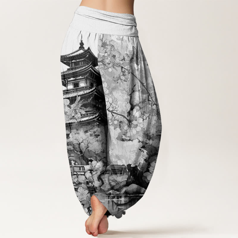 Pantalon harem à taille élastique pour femme, motif fleurs de cerisier et Buddha Stones, en coton, pavillon - image 8