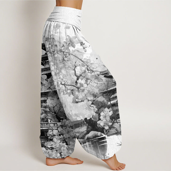 Pantalon harem à taille élastique pour femme, motif fleurs de cerisier et Buddha Stones, en coton, pavillon - image 9