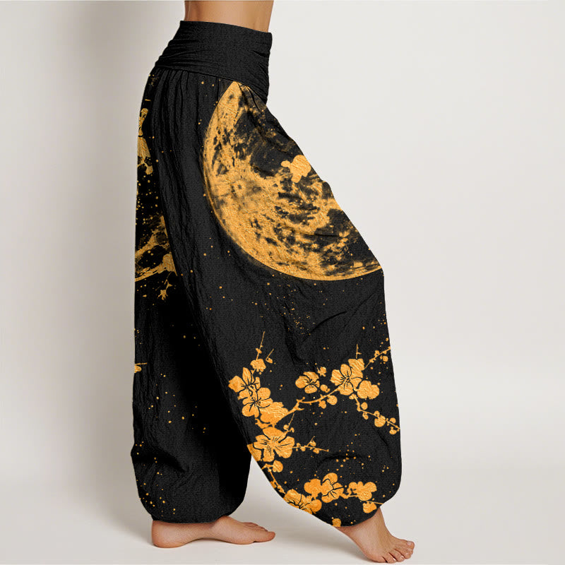 Pantalon sarouel à taille élastique pour femme, motif fleurs de prunier dorées et pleine lune, Buddha Stones - image 3