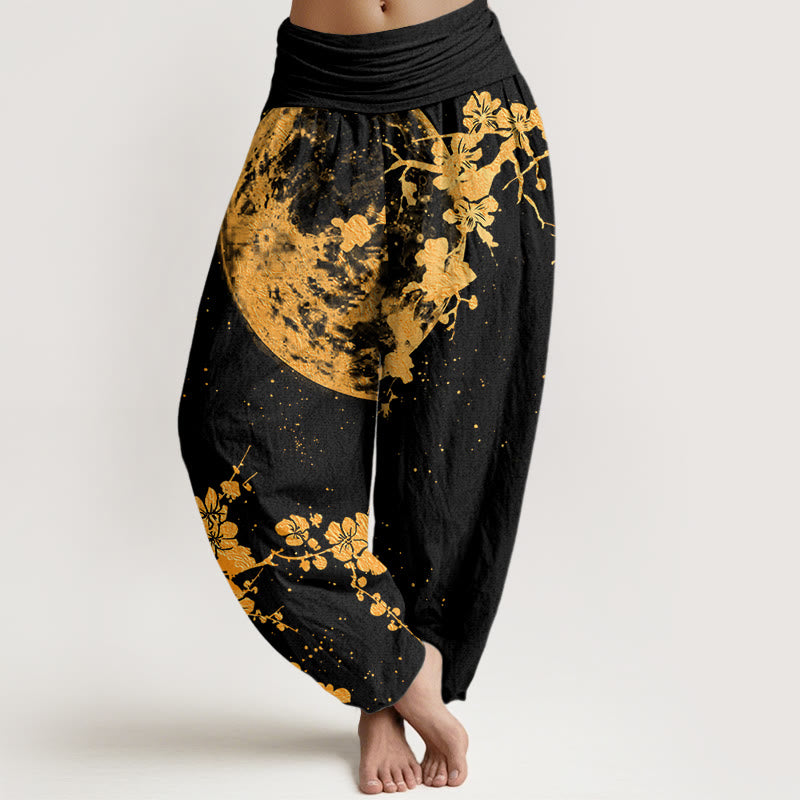 Pantalon sarouel à taille élastique pour femme, motif fleurs de prunier dorées et pleine lune, Buddha Stones - Noir - US22，UK/AU26，EU54 (6XL) - image 0
