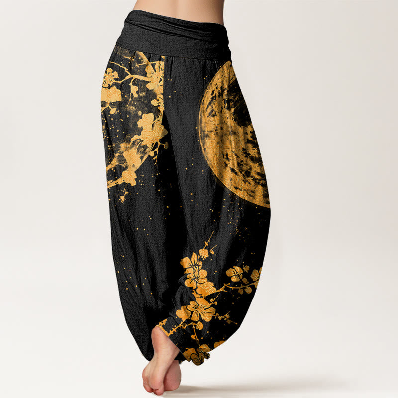 Pantalon sarouel à taille élastique pour femme, motif fleurs de prunier dorées et pleine lune, Buddha Stones - image 1