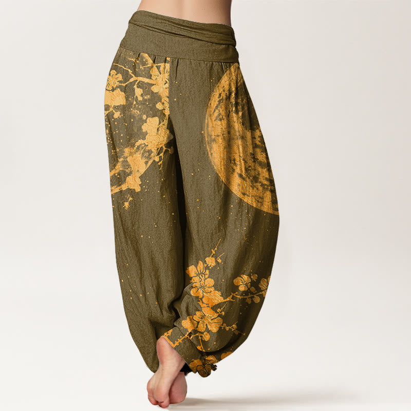 Pantalon harem à taille élastique pour femme, en coton, motif fleurs de prunier dorées et pleine lune, avec Buddha Stones - image 5