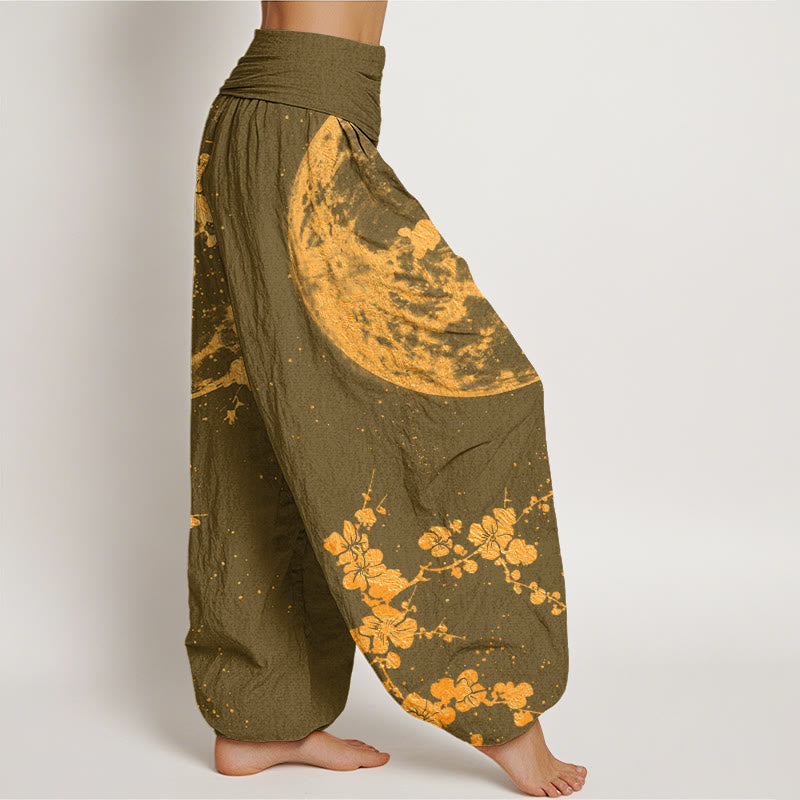 Pantalon harem à taille élastique pour femme, en coton, motif fleurs de prunier dorées et pleine lune, avec Buddha Stones - image 6