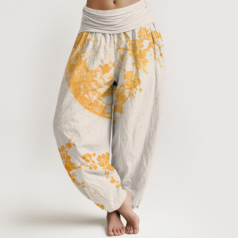 Pantalon sarouel à taille élastique pour femme, motif fleurs de prunier dorées et pleine lune, Buddha Stones - Beige - US22，UK/AU26，EU54 (6XL) - image 8