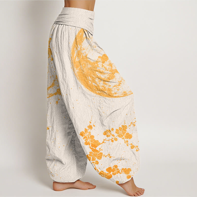 Pantalon harem à taille élastique pour femme, en coton, motif fleurs de prunier dorées et pleine lune, avec Buddha Stones - image 9