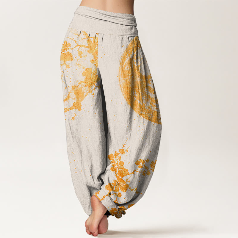 Pantalon sarouel à taille élastique pour femme, motif fleurs de prunier dorées et pleine lune, Buddha Stones - image 9