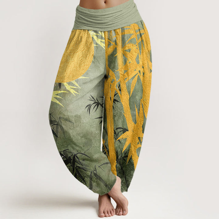 Pantalon harem à taille élastique pour femme, motif Buddha Stones, coton, feuilles de bambou et pleine lune - Vert clair - US22，UK/AU26，EU54 (6XL) - image 0