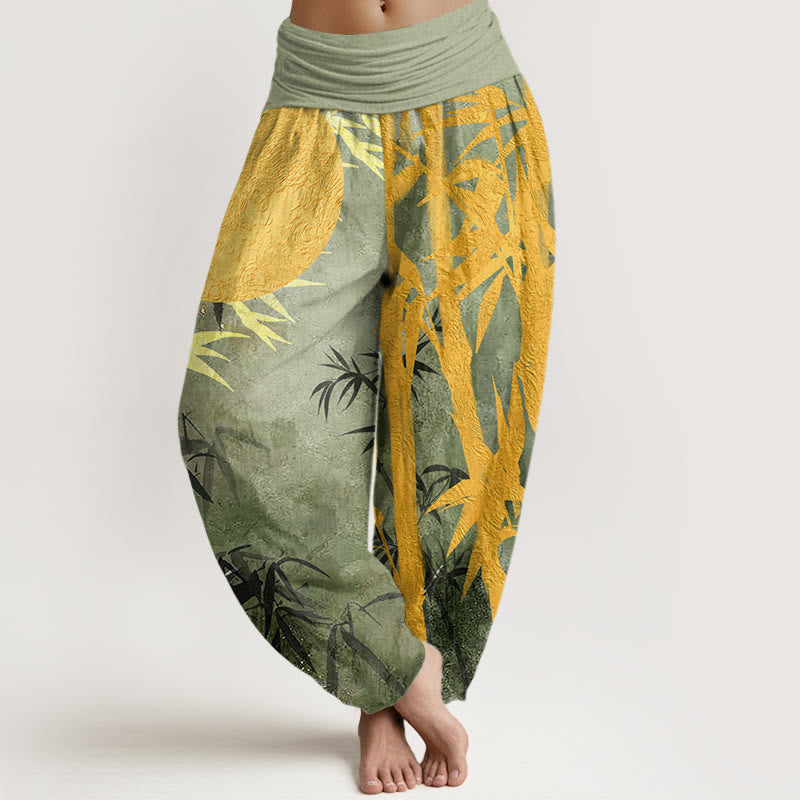 Pantalon sarouel taille élastique pour femme, motif Buddha Stones de bambou et pleine lune - Vert clair - US22，UK/AU26，EU54 (6XL) - image 0