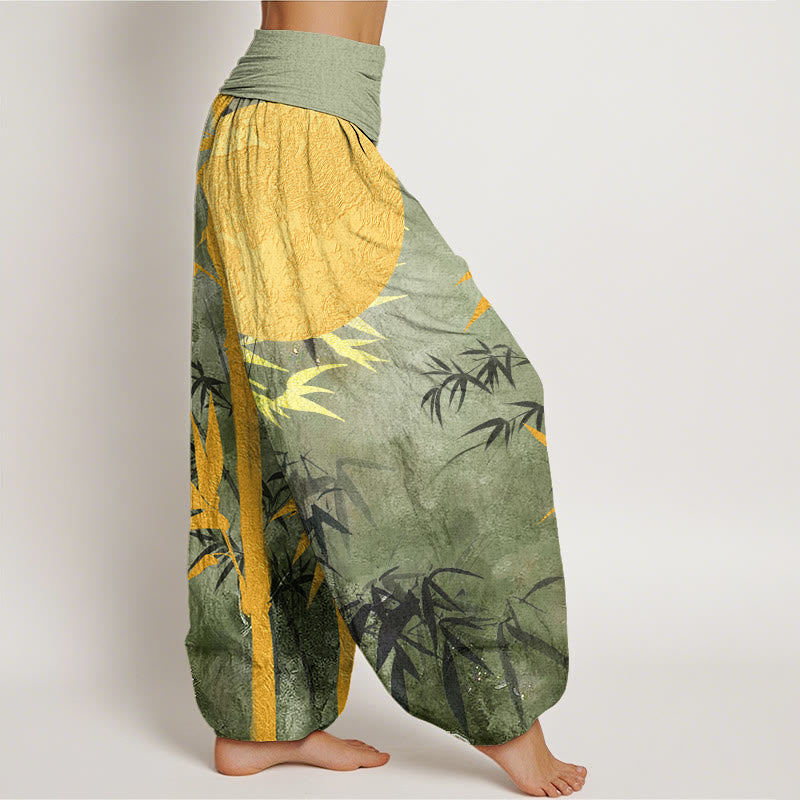 Pantalon sarouel taille élastique pour femme, motif Buddha Stones de bambou et pleine lune - image 3