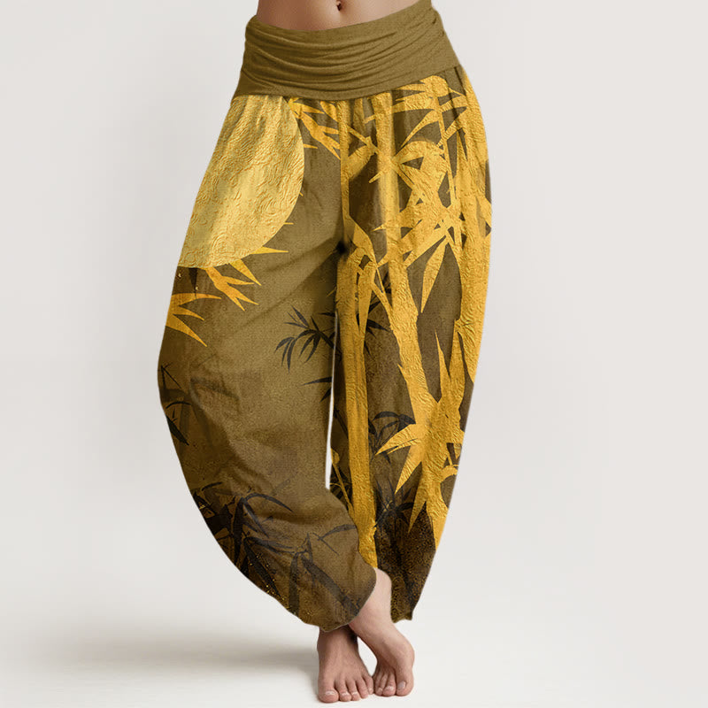 Pantalon sarouel taille élastique pour femme, motif Buddha Stones de bambou et pleine lune - Kaki foncé - US22，UK/AU26，EU54 (6XL) - image 5