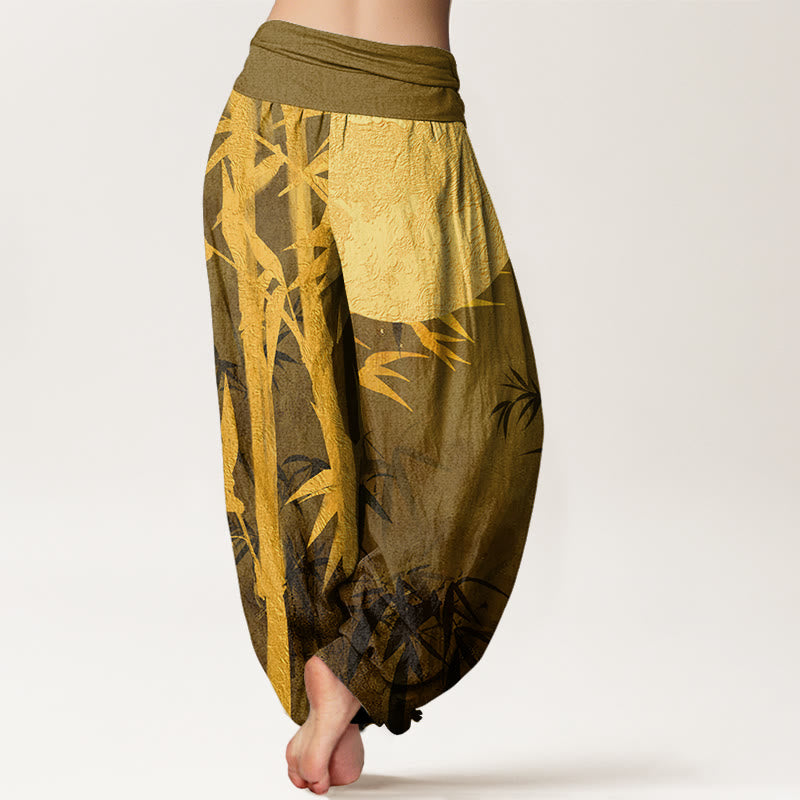 Pantalon harem à taille élastique pour femme, motif Buddha Stones, coton, feuilles de bambou et pleine lune - image 5