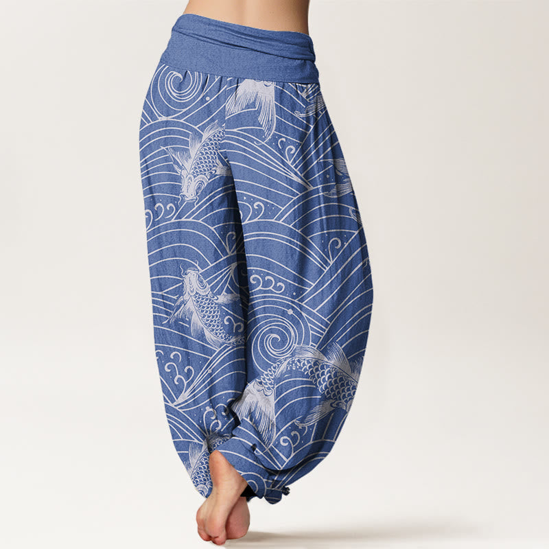 Pantalon sarouel à taille élastique pour femme, motif vagues de poissons koï, Buddha Stones - image 2