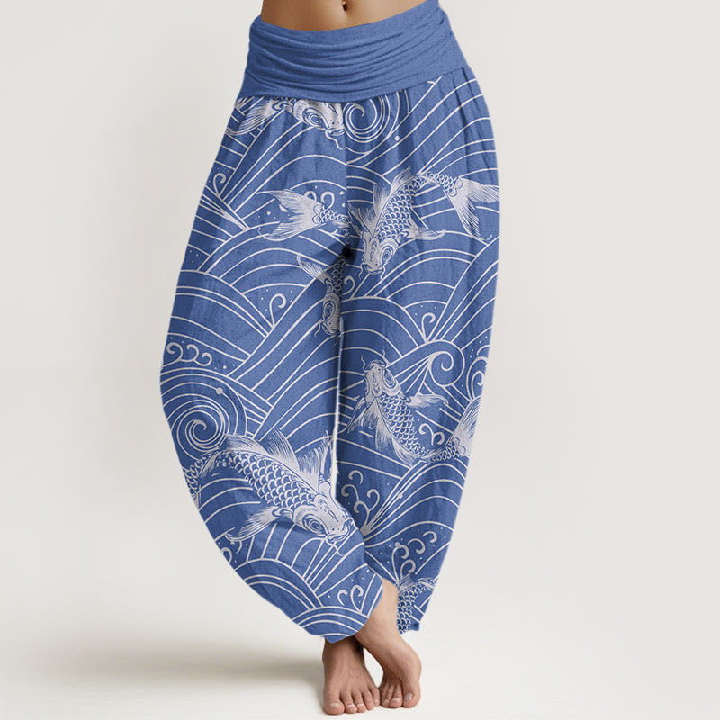 Pantalon sarouel à taille élastique pour femme, motif vagues de poissons koï, Buddha Stones - Bleu royal - US22，UK/AU26，EU54 (6XL) - image 1