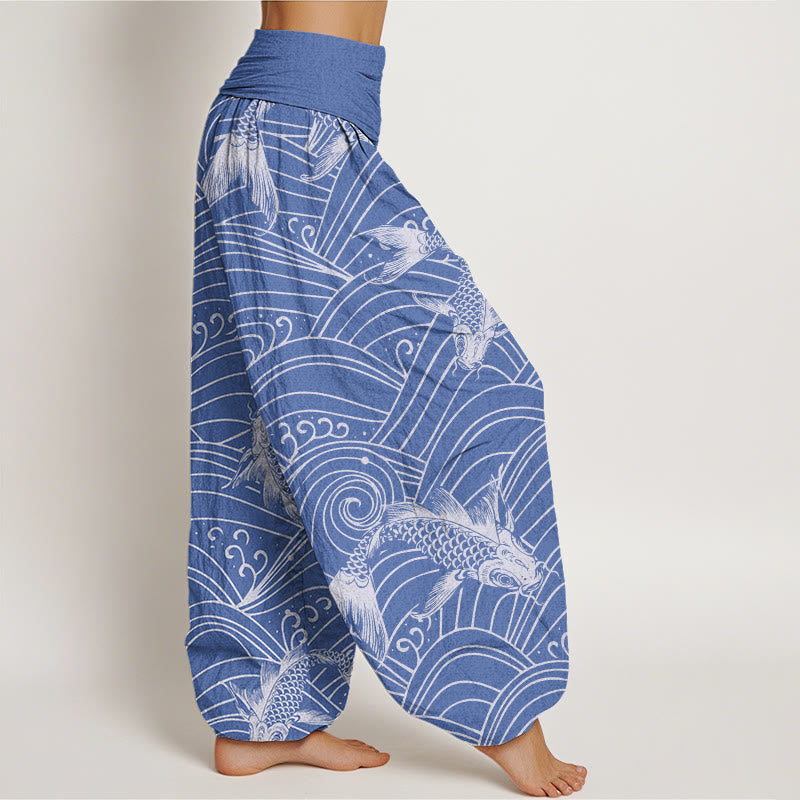 Pantalon sarouel à taille élastique pour femme, motif vagues de poissons koï, Buddha Stones - image 3
