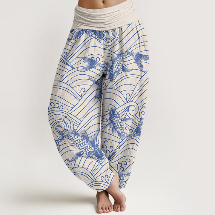 Pantalon sarouel à taille élastique pour femme, motif vagues de poissons koï, Buddha Stones - Beige - US22，UK/AU26，EU54 (6XL) - image 5
