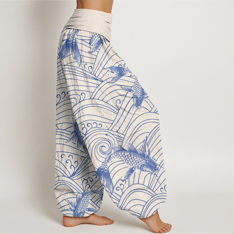 Pantalon sarouel à taille élastique pour femme, motif vagues de poissons koï, Buddha Stones - image 7