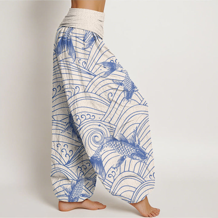 Pantalon sarouel à taille élastique pour femme, motif vagues de poissons koï, Buddha Stones - image 7