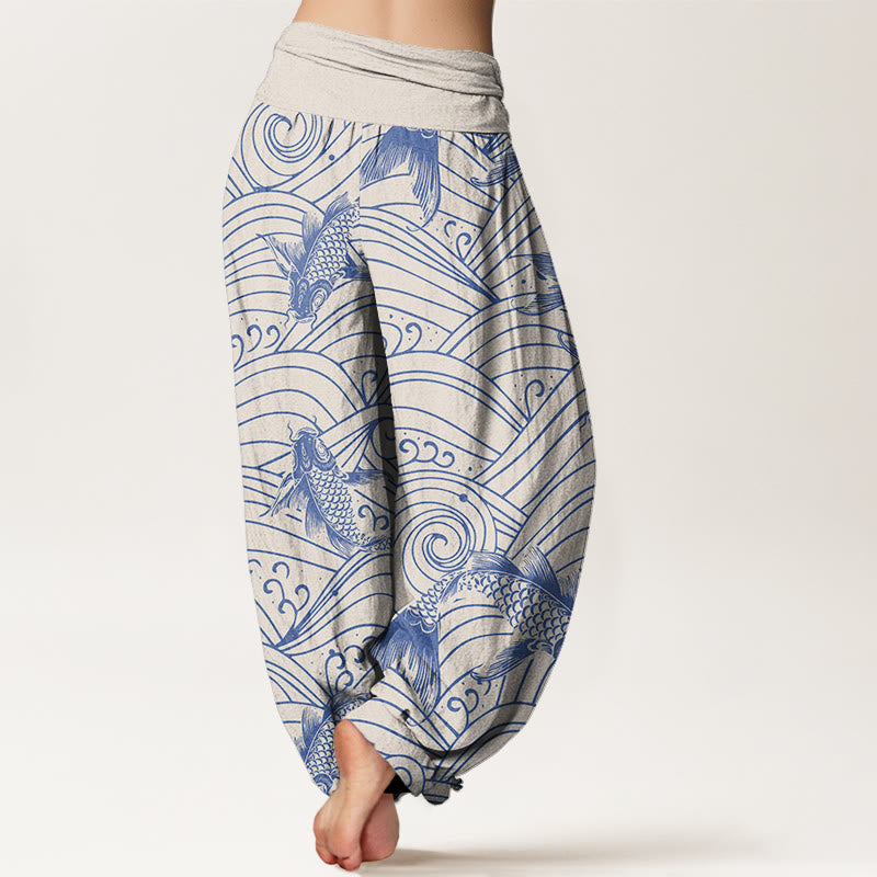 Pantalon sarouel à taille élastique pour femme, motif vagues de poissons koï, Buddha Stones - image 6
