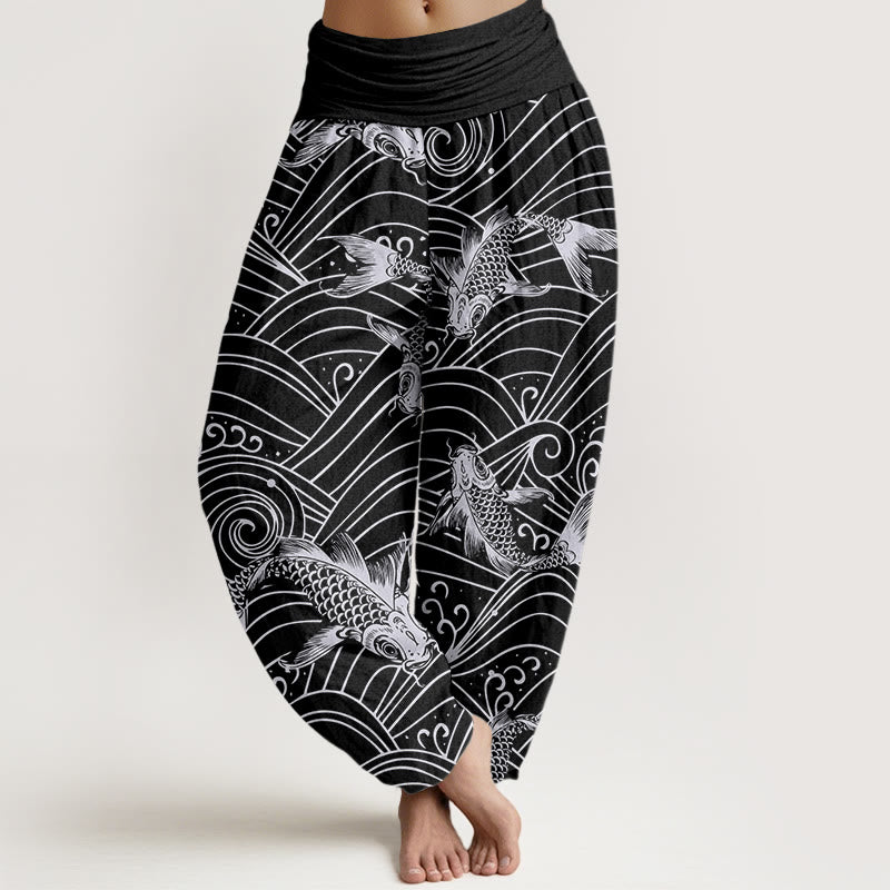 Pantalon sarouel à taille élastique pour femme, motif vagues de poissons koï, Buddha Stones - Noir - US22，UK/AU26，EU54 (6XL) - image 8