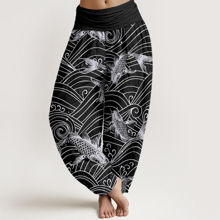 Pantalon sarouel à taille élastique pour femme, motif vagues de poissons koï, Buddha Stones - Noir - US22，UK/AU26，EU54 (6XL) - image 8