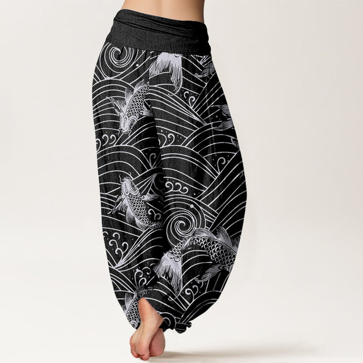 Pantalon sarouel à taille élastique pour femme, motif vagues de poissons koï, Buddha Stones - image 9