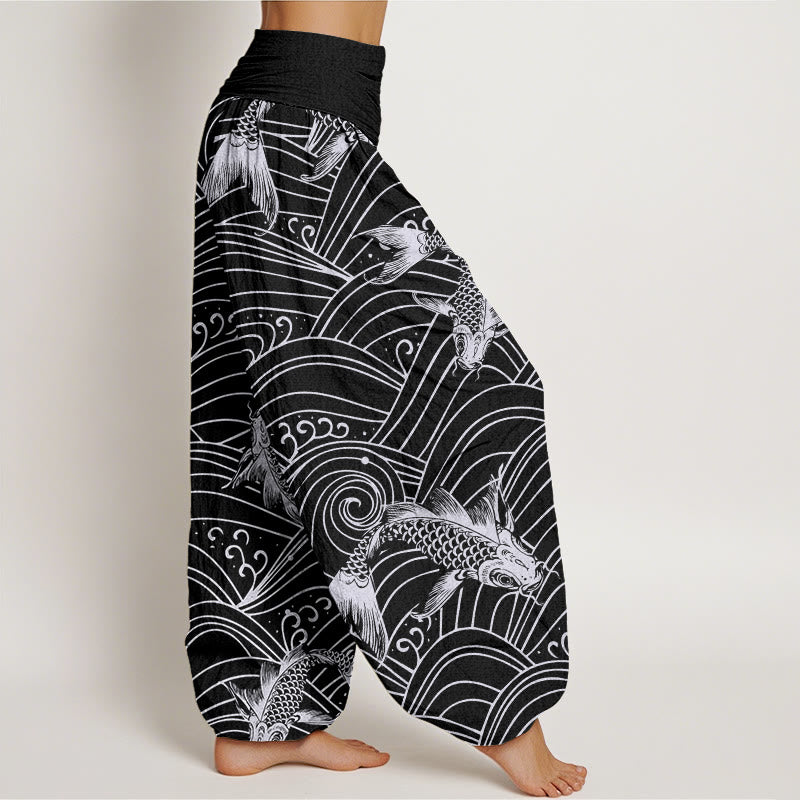 Pantalon sarouel à taille élastique pour femme, motif vagues de poissons koï, Buddha Stones - image 10